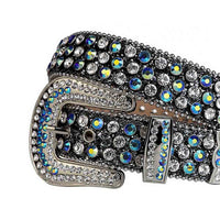 Crystal-Studded Genuine Leather Belt Black With White And Multi Gems