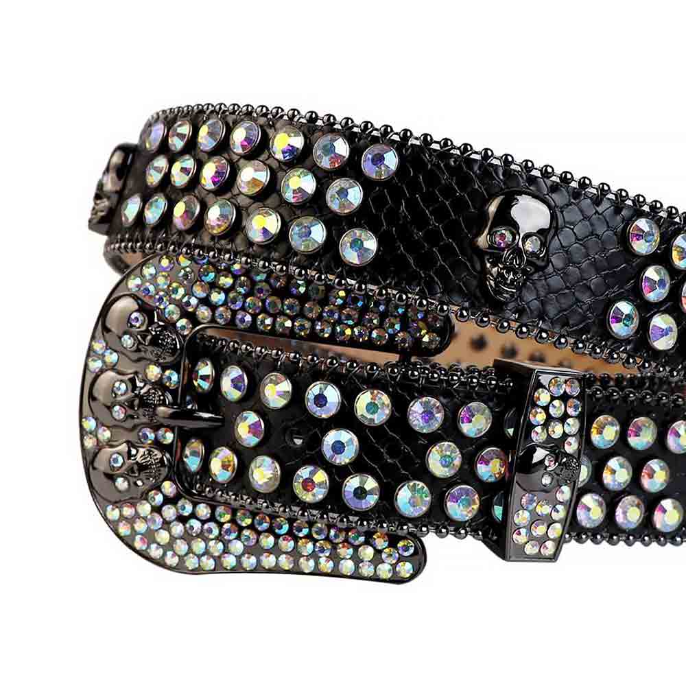 Rhinestone-Studded Genuine Leather Belt   Black with 7 Skulls and Mutli Gems