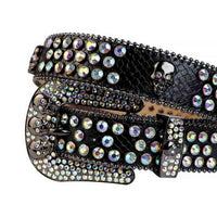 Rhinestone-Studded Genuine Leather Belt   Black with 7 Skulls and Mutli Gems