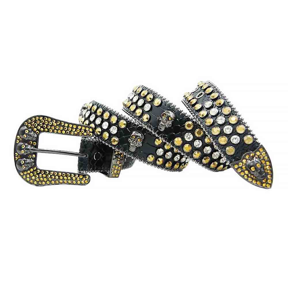 Rhinestone-Studded Genuine Leather Belt Black with 7 Skulls, Gold and White Studs