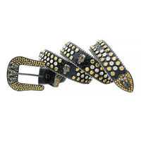 Rhinestone-Studded Genuine Leather Belt Black with 7 Skulls, Gold and White Studs