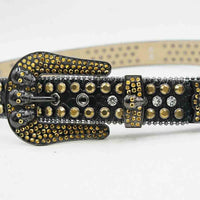 Rhinestone-Studded Genuine Leather Belt Black with 7 Skulls, Gold and White Studs