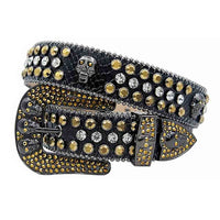 Rhinestone-Studded Genuine Leather Belt Black with 7 Skulls, Gold and White Studs