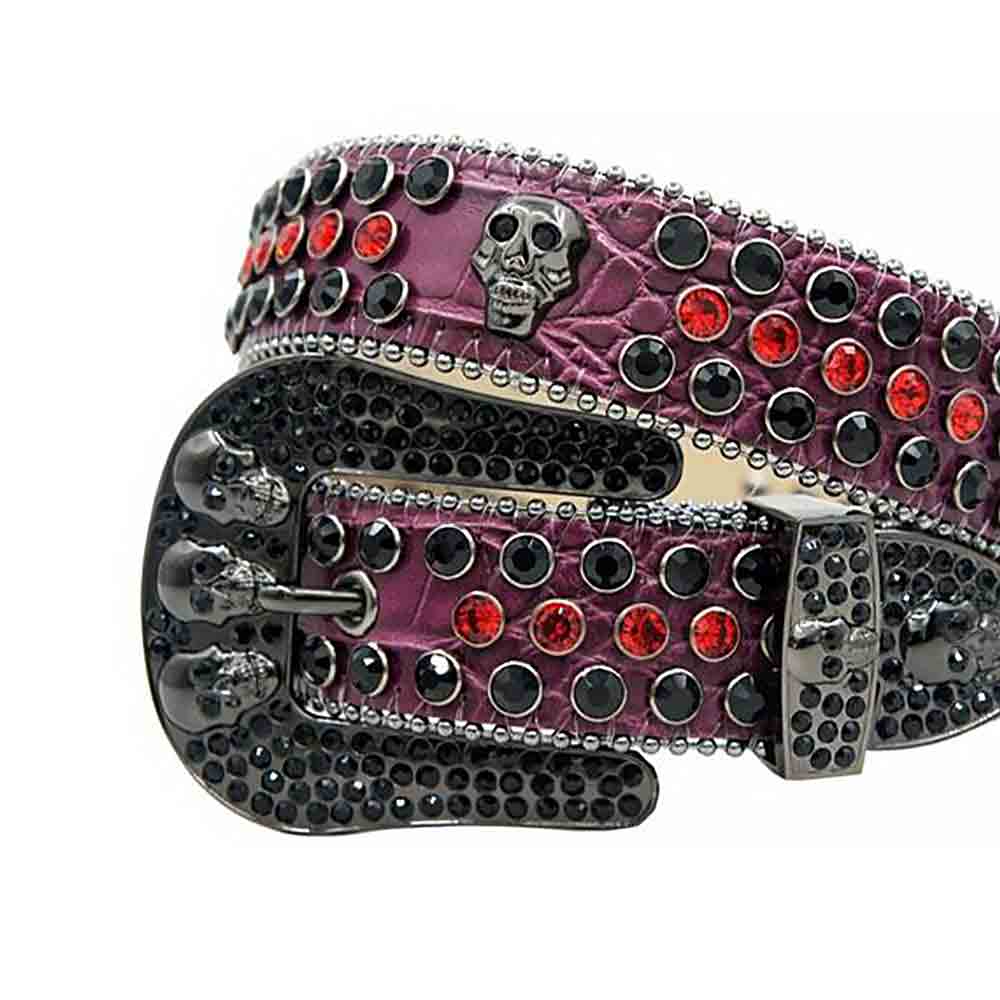 Rhinestone-Studded Genuine Leather Belt   Black with 7 Skulls, Red and Black Gems