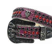Rhinestone-Studded Genuine Leather Belt   Black with 7 Skulls, Red and Black Gems