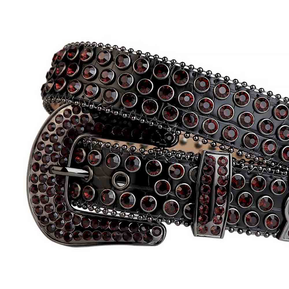 Crystal-Studded Leather Waist Belt Black with Maroon Gems