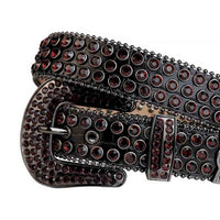 Crystal-Studded Leather Waist Belt Black with Maroon Gems
