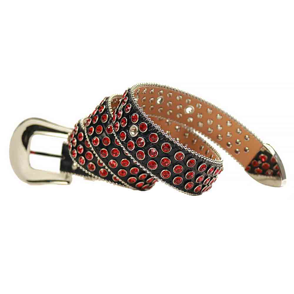 Crystal-Studded Leather Waist Belt Black with Red Studs