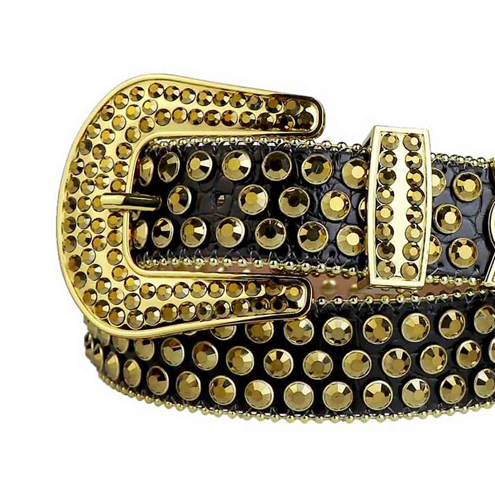 Rhinestone-Studded Genuine Leather Belt Black with Glossy Golden Stones