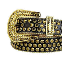 Rhinestone-Studded Genuine Leather Belt Black with Glossy Golden Stones