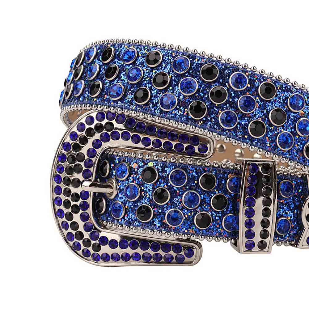Rhinestone-Studded Genuine Leather Belt Blue Glitter With Blue And Black Gems