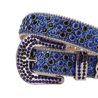 Rhinestone-Studded Genuine Leather Belt Blue Glitter With Blue And Black Gems