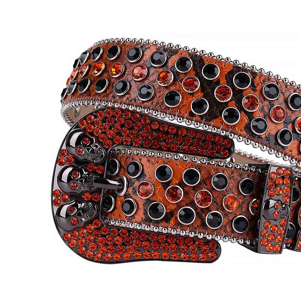 Rhinestone-Studded Leather Waist Belt Orange And Black Skull With Orange And Black Studs
