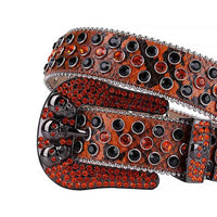 Rhinestone-Studded Leather Waist Belt Orange And Black Skull With Orange And Black Studs