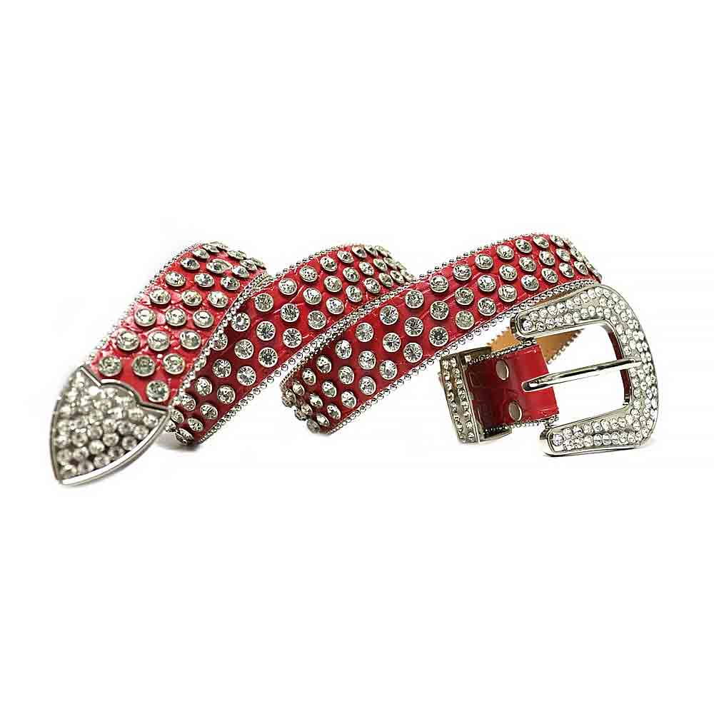 Crystal-Studded Leather Waist Belt Red Big White Gems