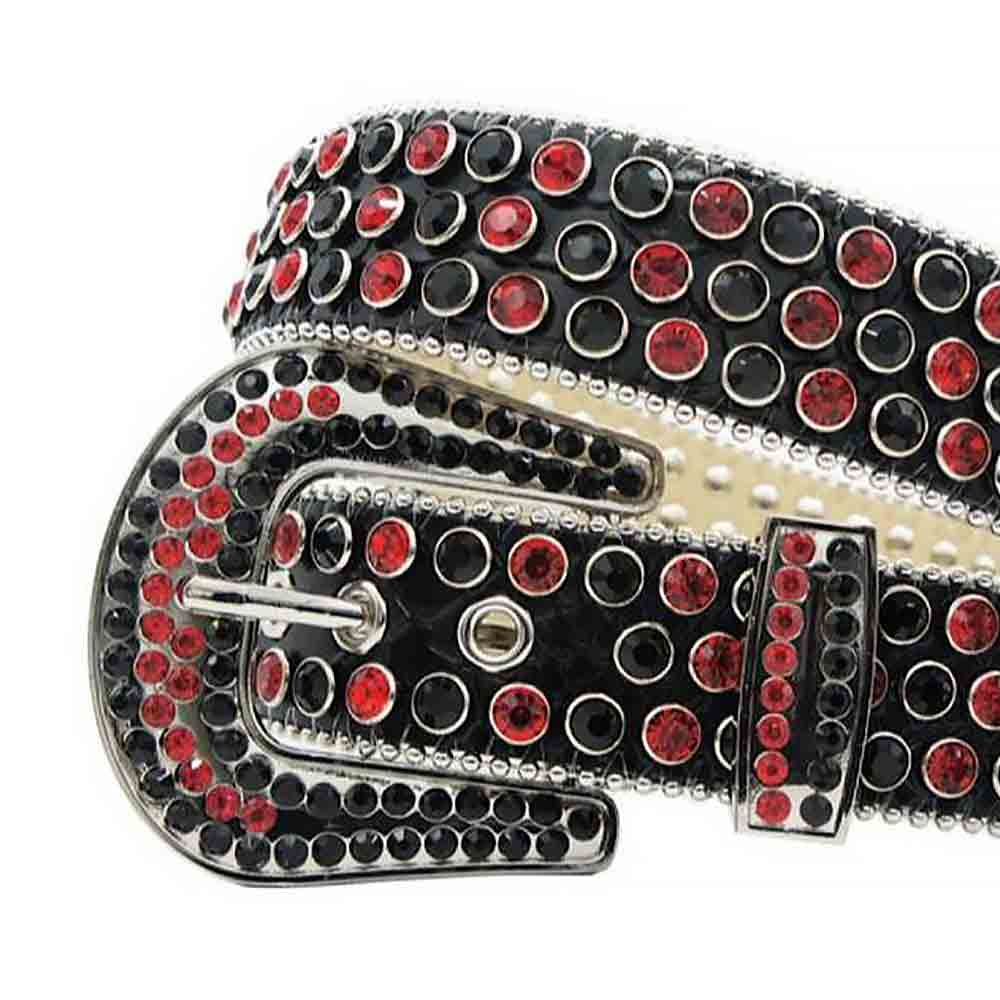 Crystal-Studded Genuine Leather Belt Red and Black Stone