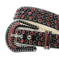 Crystal-Studded Genuine Leather Belt Red and Black Stone