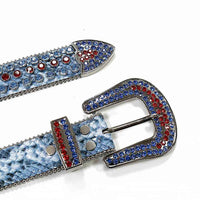 Rhinestone-Studded Genuine Leather Belt Serpentine Blue with Red