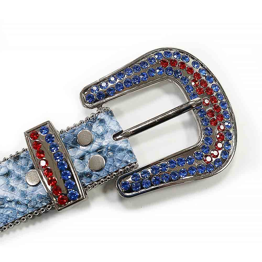 Rhinestone-Studded Genuine Leather Belt Serpentine Blue with Red