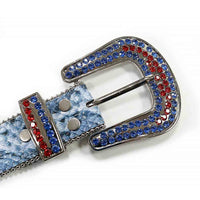 Rhinestone-Studded Genuine Leather Belt Serpentine Blue with Red