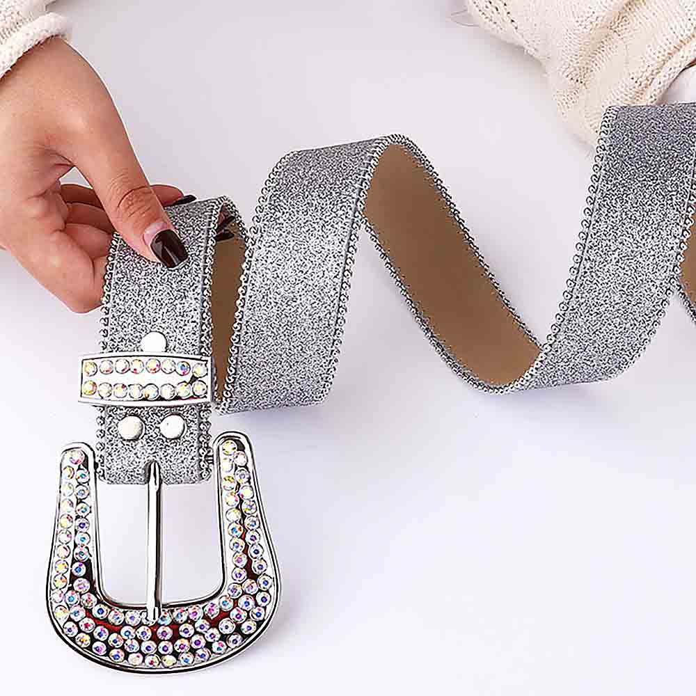 Crystal-Studded Leather Waist Belt Silver Sparkle With Multi Stones