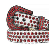 Rhinestone-Studded Leather Waist Belt White Red Gray