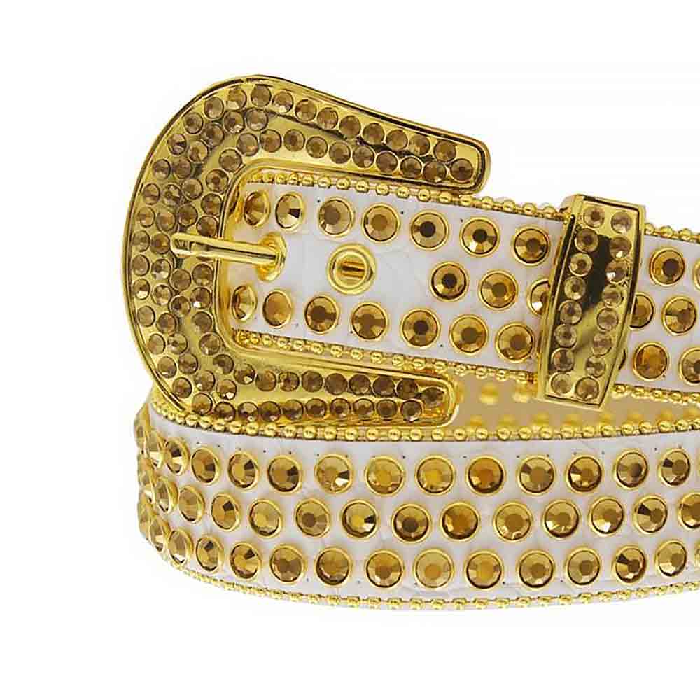 Crystal-Studded Genuine Leather Belt White and Gold
