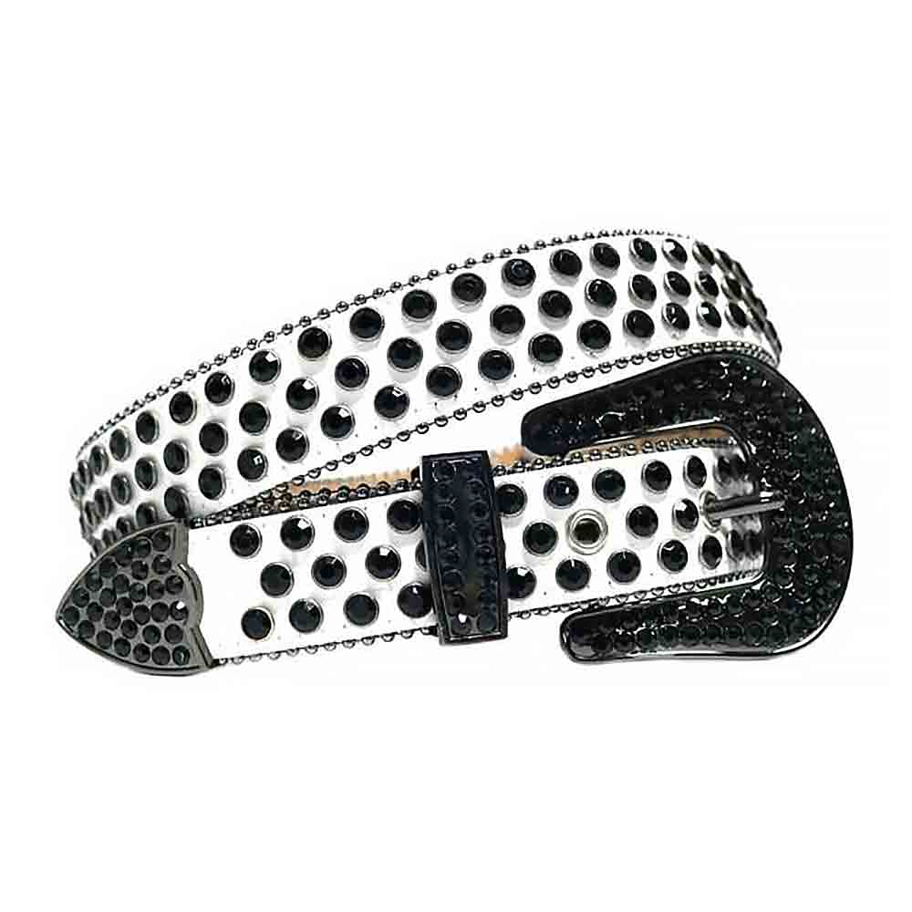 Rhinestone-Studded Leather Waist Belt White with Black