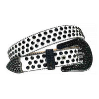 Rhinestone-Studded Leather Waist Belt White with Black