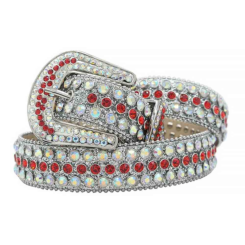 Crystal-Studded Genuine Leather Belt White with Red Gems