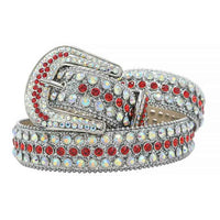 Crystal-Studded Genuine Leather Belt White with Red Gems