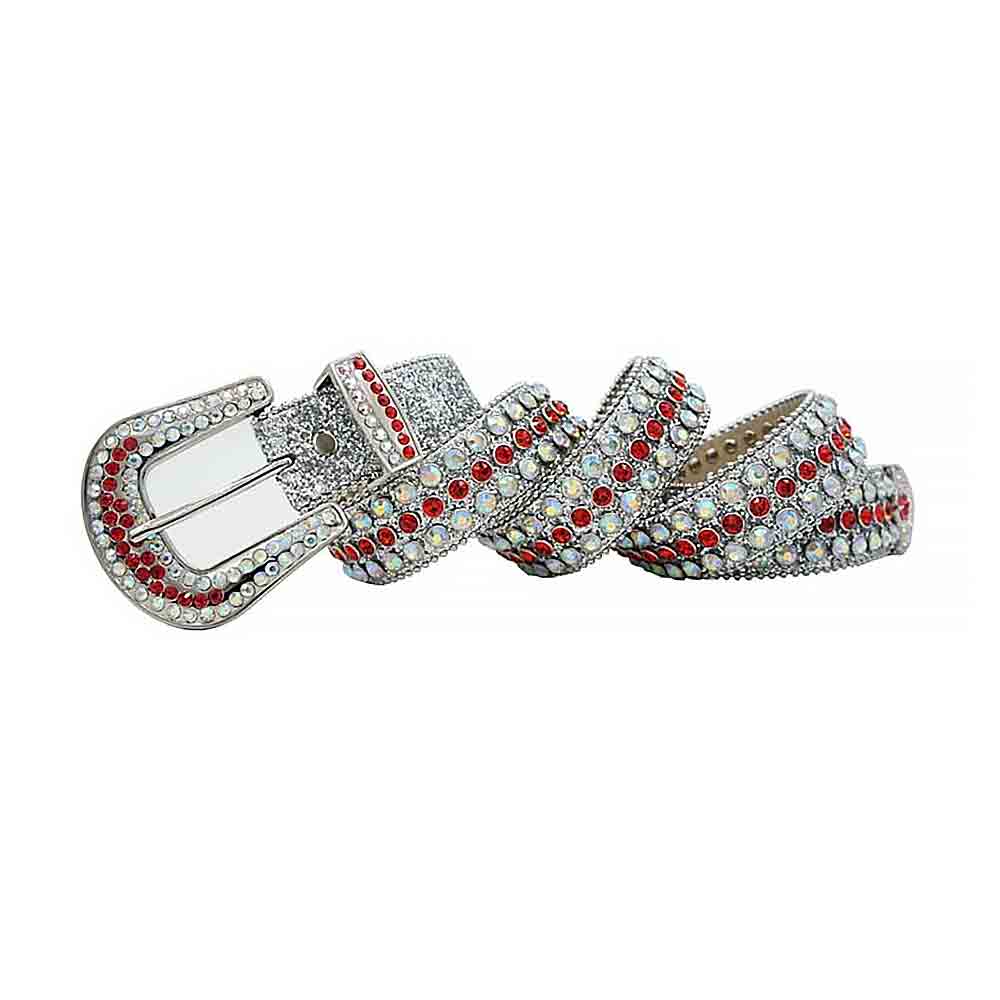 Crystal-Studded Genuine Leather Belt White with Red Gems