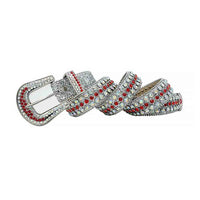 Crystal-Studded Genuine Leather Belt White with Red Gems