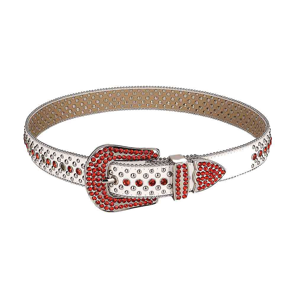 Rhinestone-Studded White Leather Waist Belt With Red Studs Studs