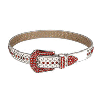Rhinestone-Studded White Leather Waist Belt With Red Studs Studs