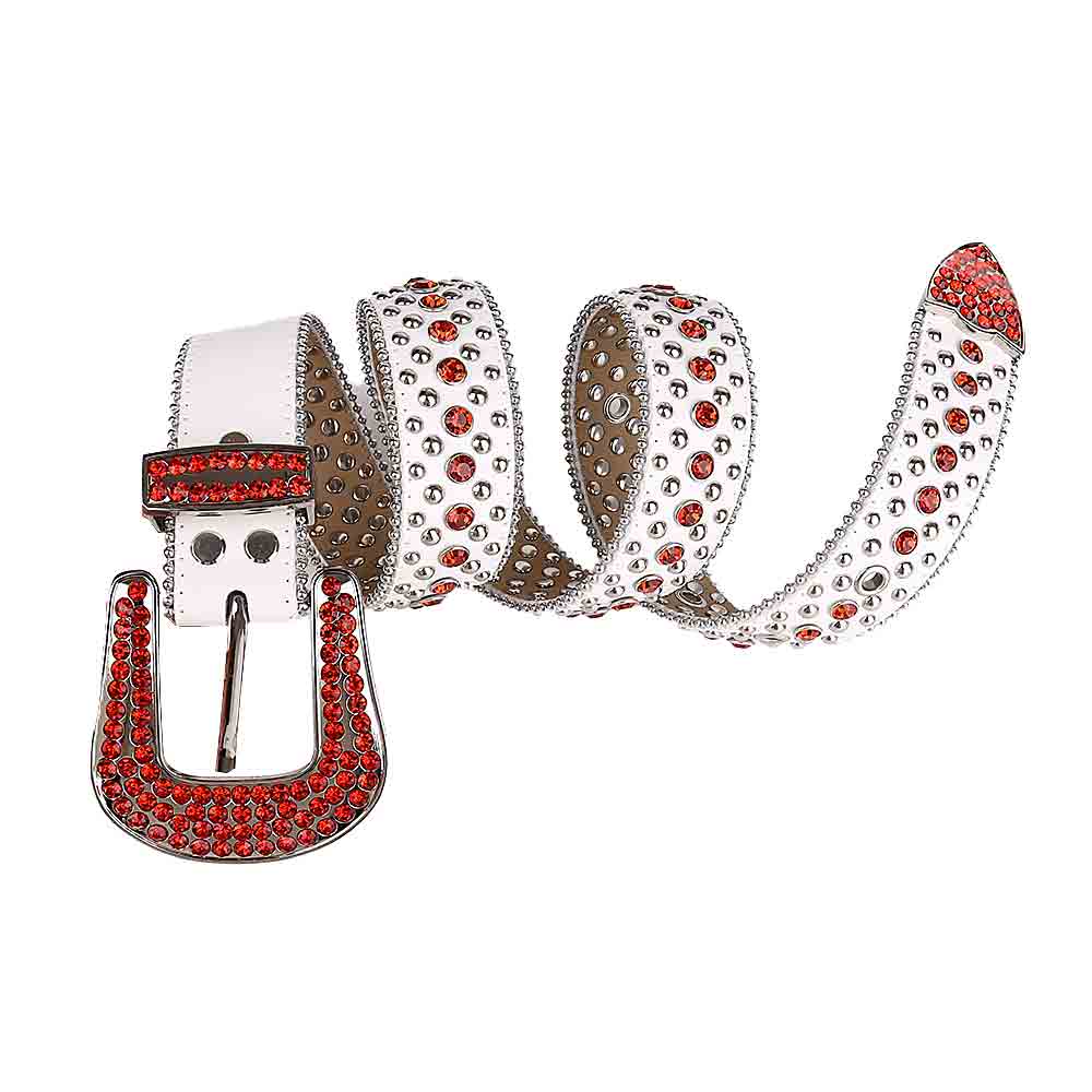 Rhinestone-Studded White Leather Waist Belt With Red Studs Studs