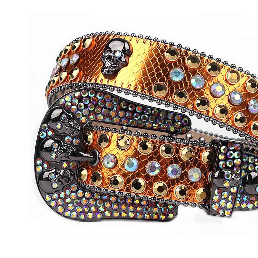 Crystal-Studded Yellow Gold Genuine Leather Belts Skull Buckle With Gold & White Multi Colour Studs