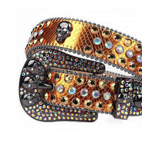 Crystal-Studded Yellow Gold Genuine Leather Belts Skull Buckle With Gold & White Multi Colour Studs