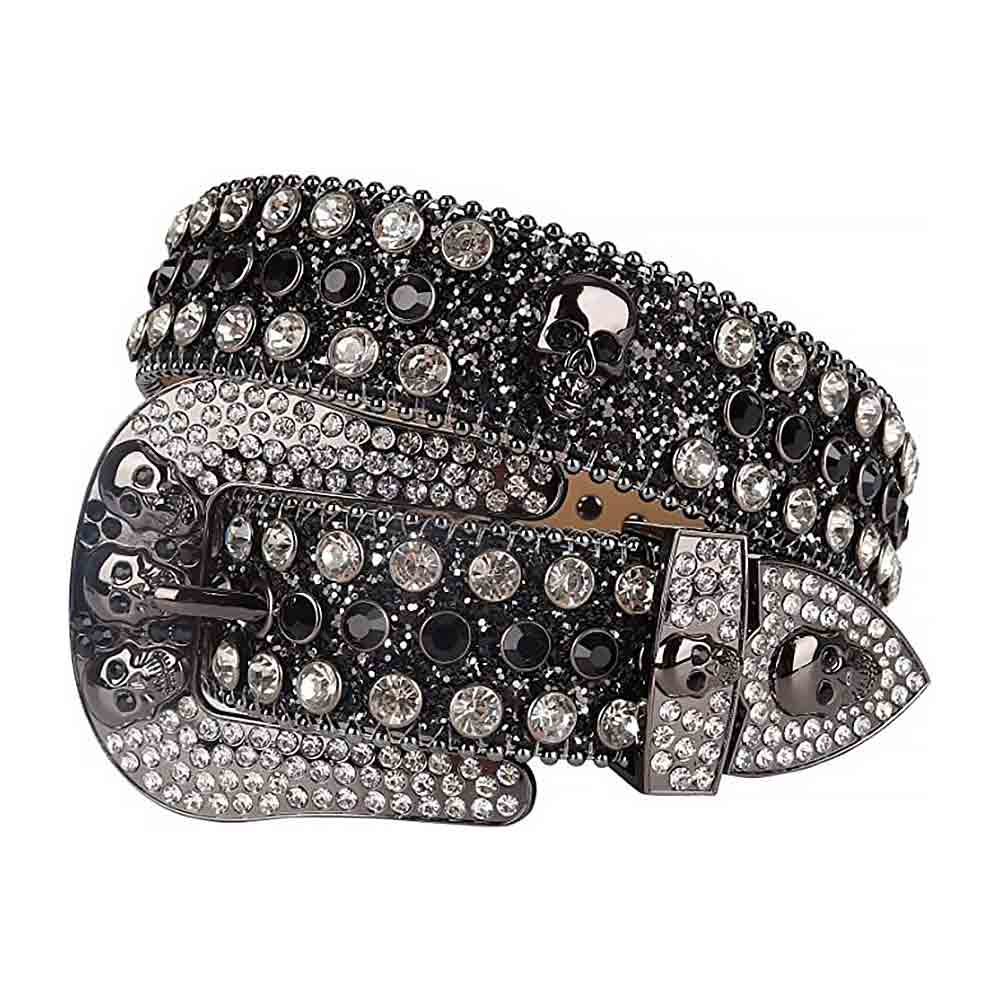 Rhinestone-Studded Glitter Black Genuine Leather Belts Skull Buckle With Black And Faceted Crystal White Stones