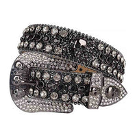 Rhinestone-Studded Glitter Black Genuine Leather Belts Skull Buckle With Black And Faceted Crystal White Stones
