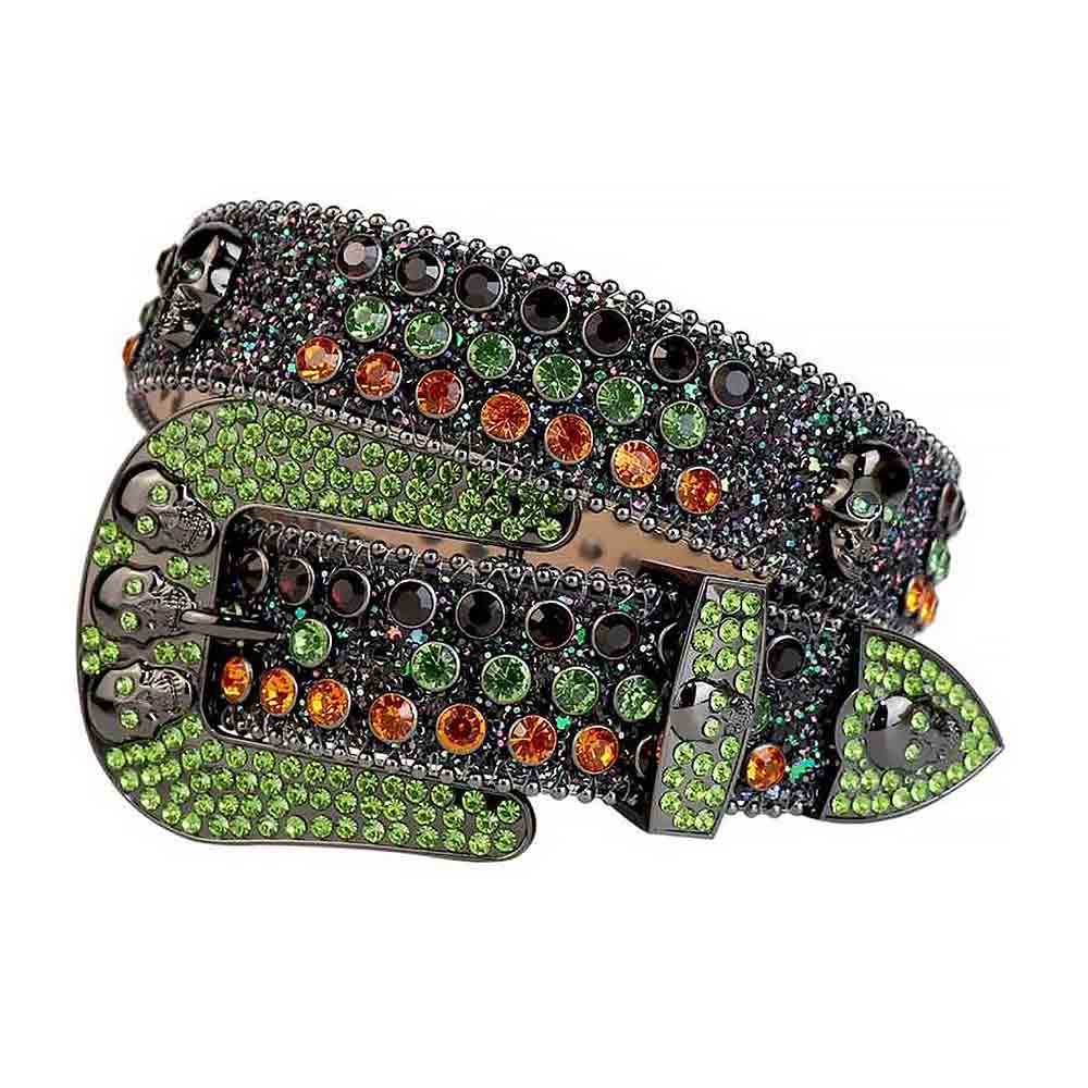 Crystal-Studded Glitter Black Leather Waist Belts Skull Buckle With Black Green And Orange Studs
