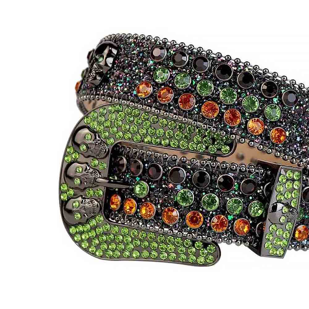 Crystal-Studded Glitter Black Leather Waist Belts Skull Buckle With Black Green And Orange Studs