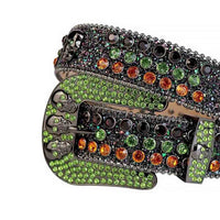 Crystal-Studded Glitter Black Leather Waist Belts Skull Buckle With Black Green And Orange Studs