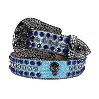 Rhinestone-Studded Glitter Light Blue Leather Strap Skull Buckle Belts With Royal Blue And Faceted Crystal White Gems