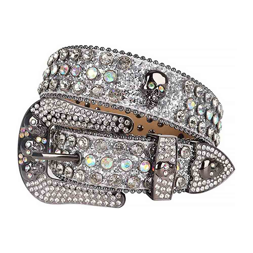 Crystal-Studded Shimmer White Leather Waist Belts Skull Buckle With White Multi Color Stones