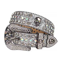 Crystal-Studded Shimmer White Leather Waist Belts Skull Buckle With White Multi Color Stones