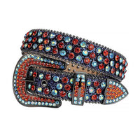 Rhinestone-Studded Genuine Leather Belt Black And Blue With Red And Blue Studs