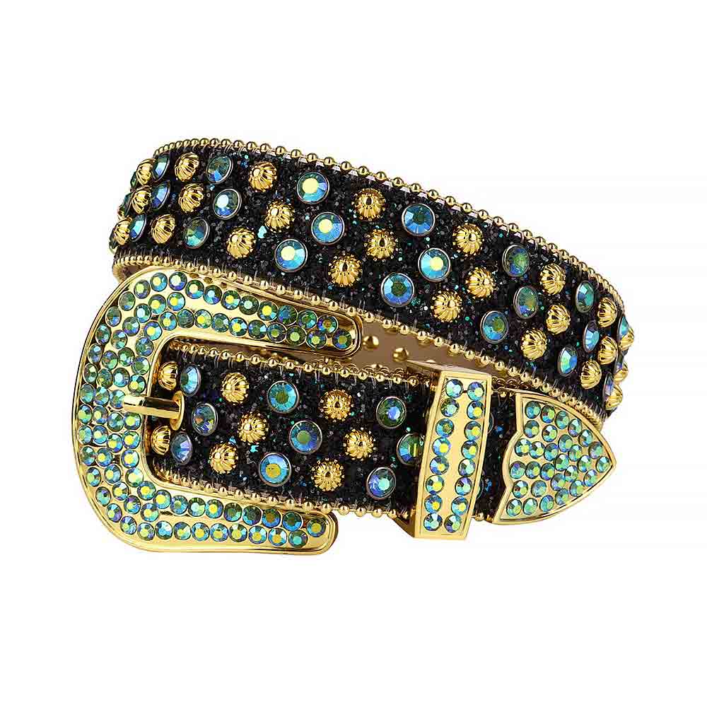 Rhinestone-Studded Leather Waist Belt Black Glitter With Studs And Multi Gems