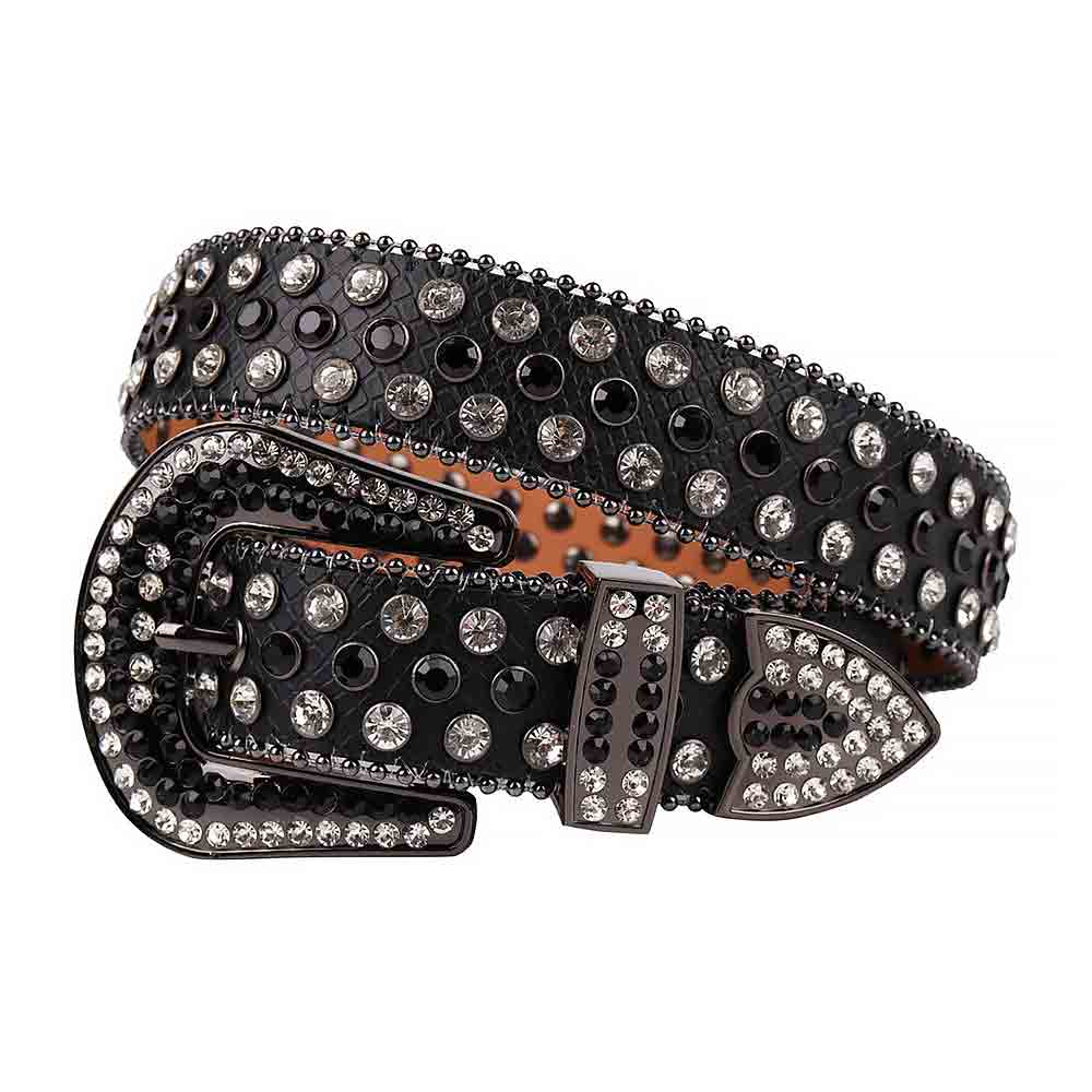 Rhinestone-Studded Genuine Leather Belt   Black Leather With Black And White Gems