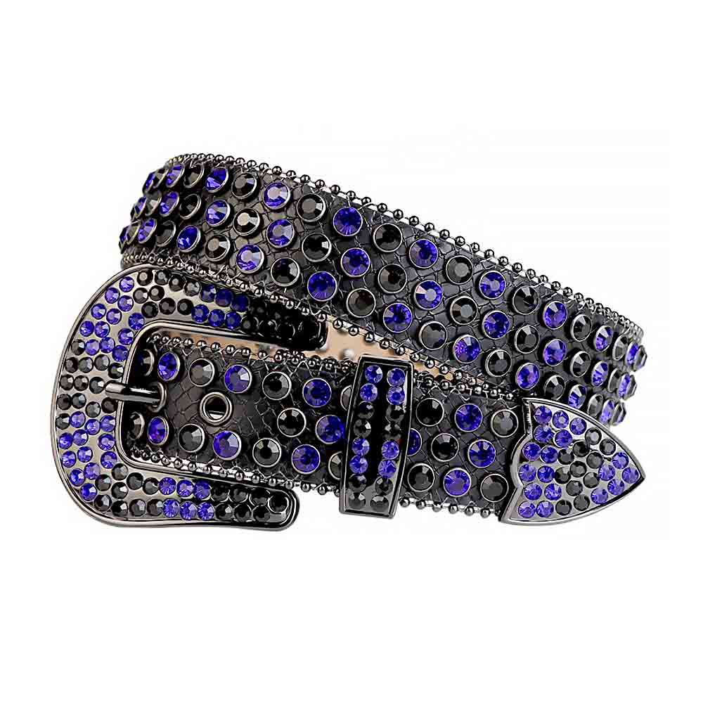 Crystal-Studded Leather Waist Belt Black With Black And Blue Studs